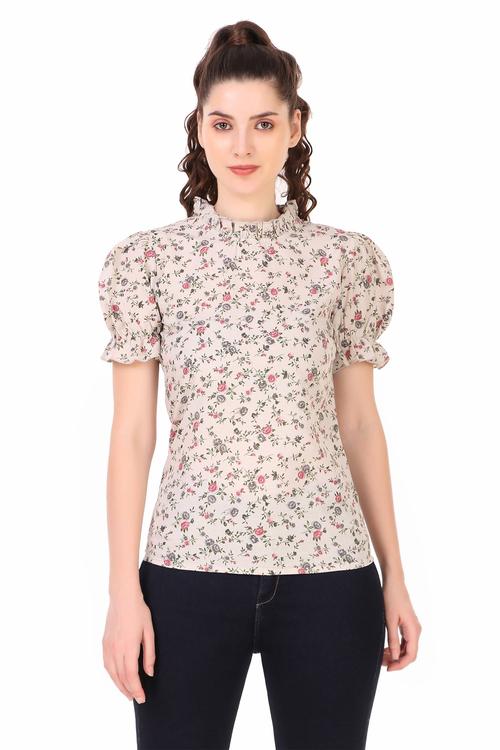 Floral Printed Cotton Ruffle Sleeve Top (Grey)