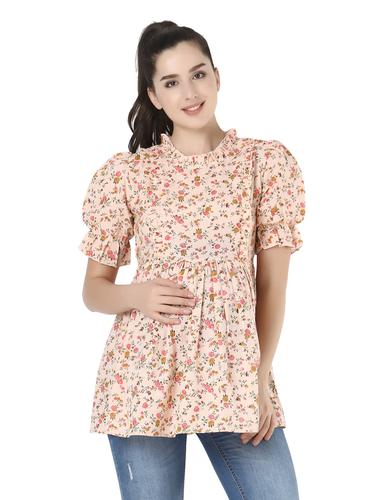 Maternity Feeding Top With Ruffled Neck And Puffed Sleeves. (Peach)