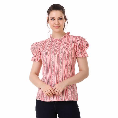 Striped Printed Cotton Ruffle Sleeve Top (Pink)