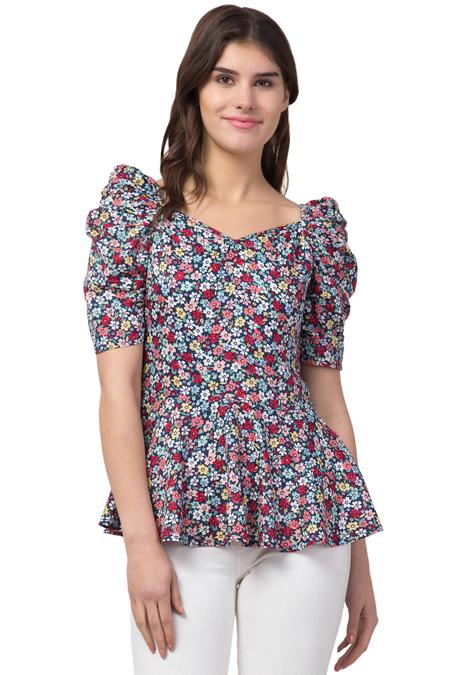 Rayon Floral Summer Peplum Top With Puffed Sleeves. (Navy)