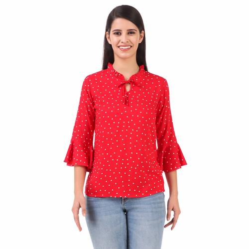 Rayon Floral Bell Sleeved Top With Ruffle Neckline (Red)