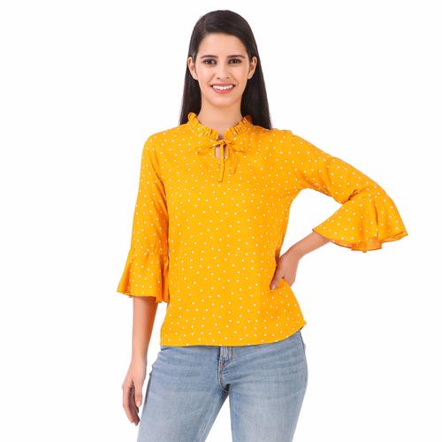Rayon Floral Bell Sleeved Top With Ruffle Neckline (Mustard)