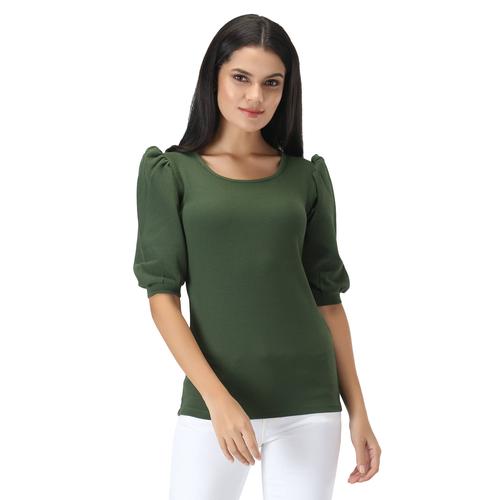 Round Neck Top With Cuffed Sleeves. (Olive)
