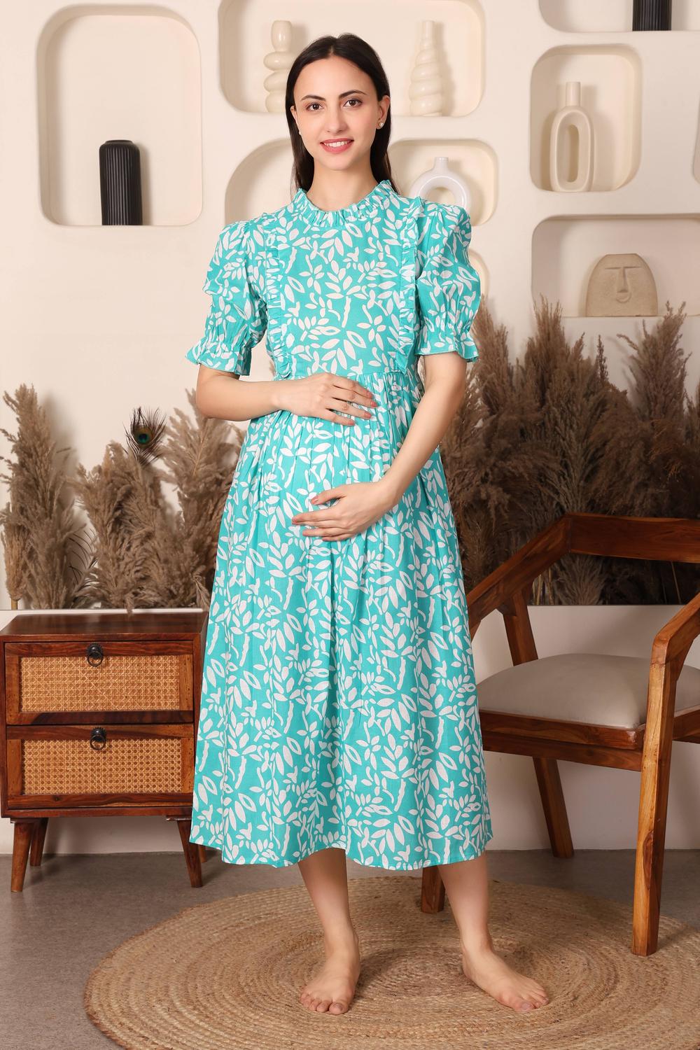 Cloud-Soft Puff Sleeve Maternity & Feeding Dress. (Green)