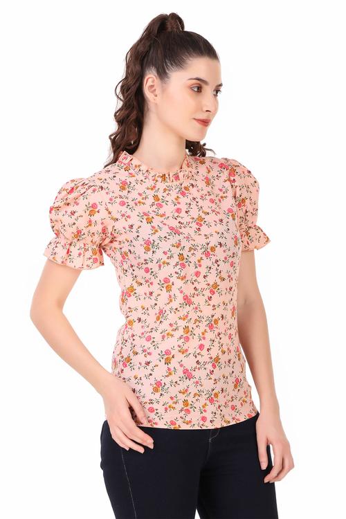 Floral Printed Cotton Ruffle Sleeve Top (Peach)