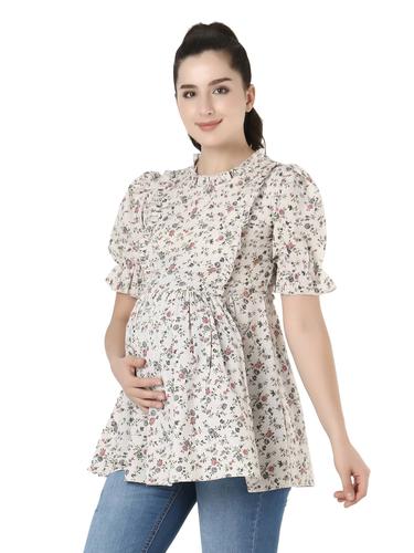 Maternity Feeding Top With Ruffled Neck And Puffed Sleeves. (Grey)