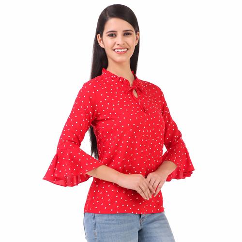Rayon Floral Bell Sleeved Top With Ruffle Neckline (Red)