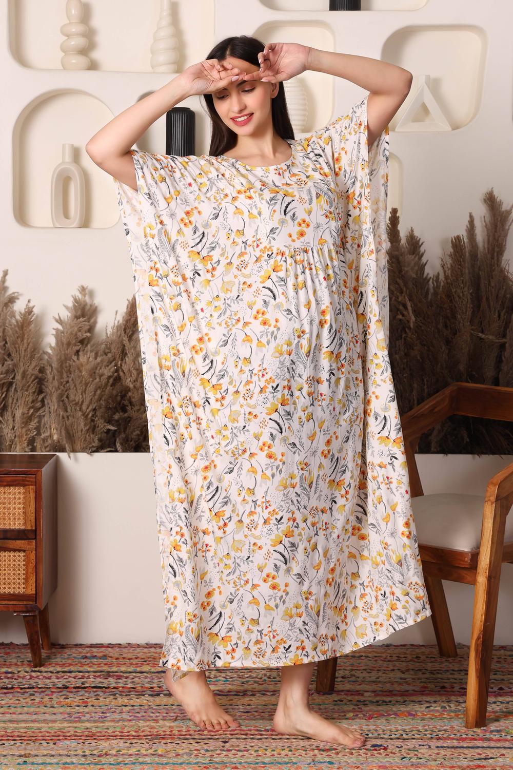 Floral Bloom Cotton Maternity & Nursing Kaftan. (Cream)