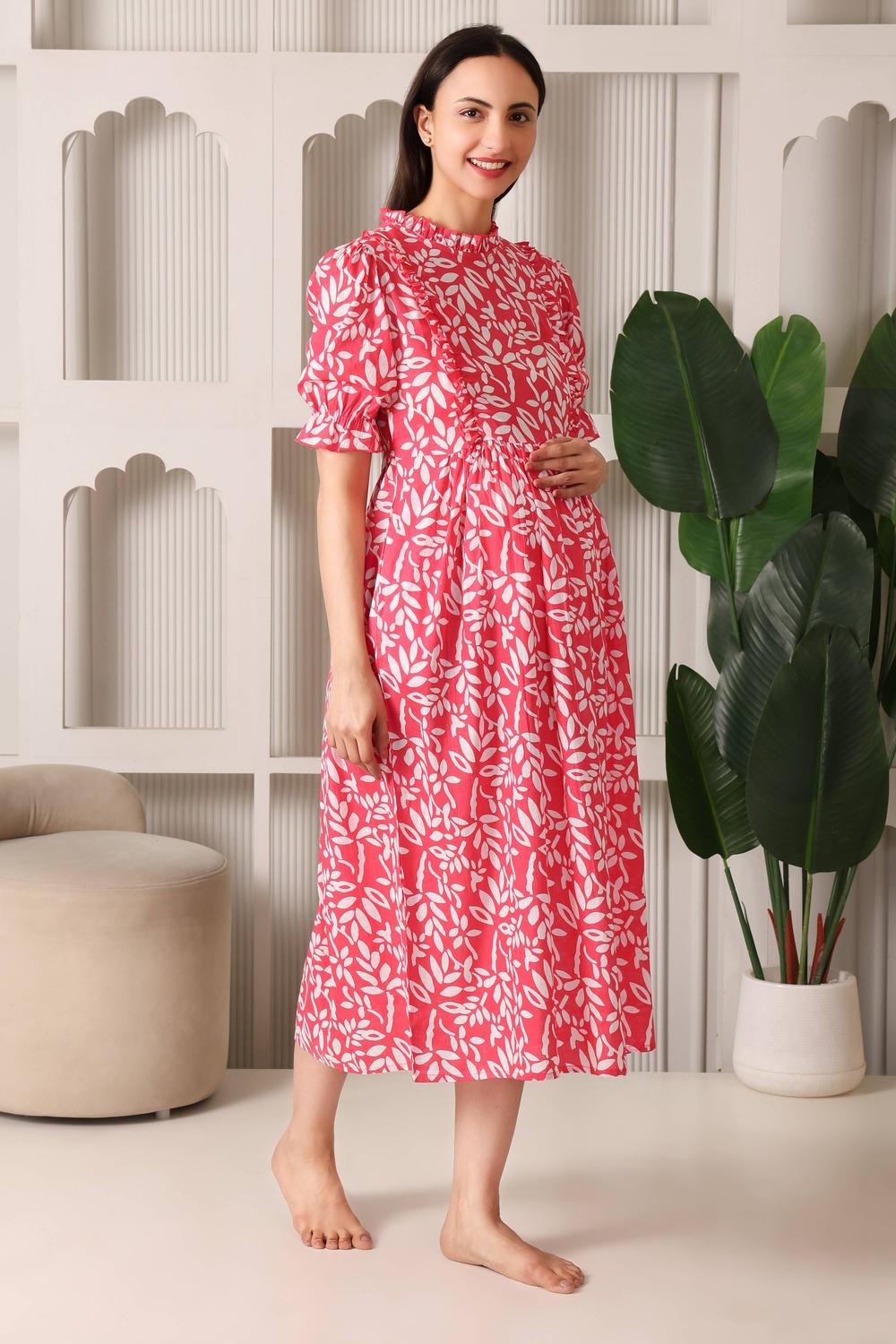 Cloud-Soft Puff Sleeve Maternity & Feeding Dress. (Coral)