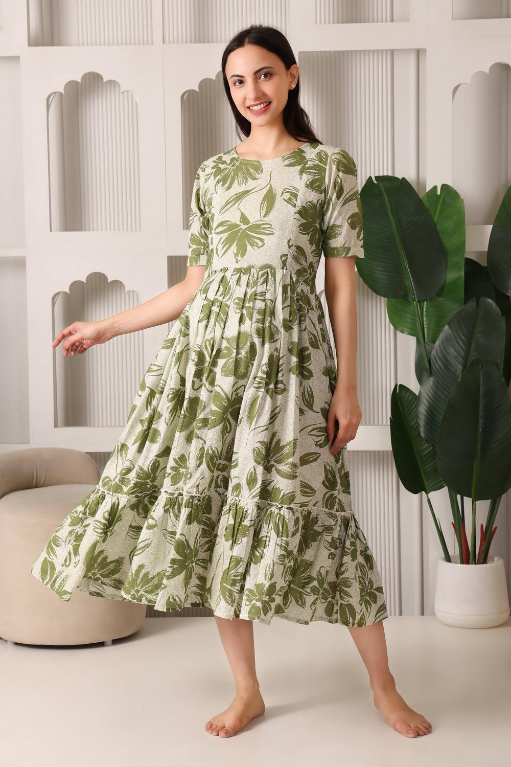 Easy Breezy Pure Cotton Maternity & Feeding Flare (Olive)