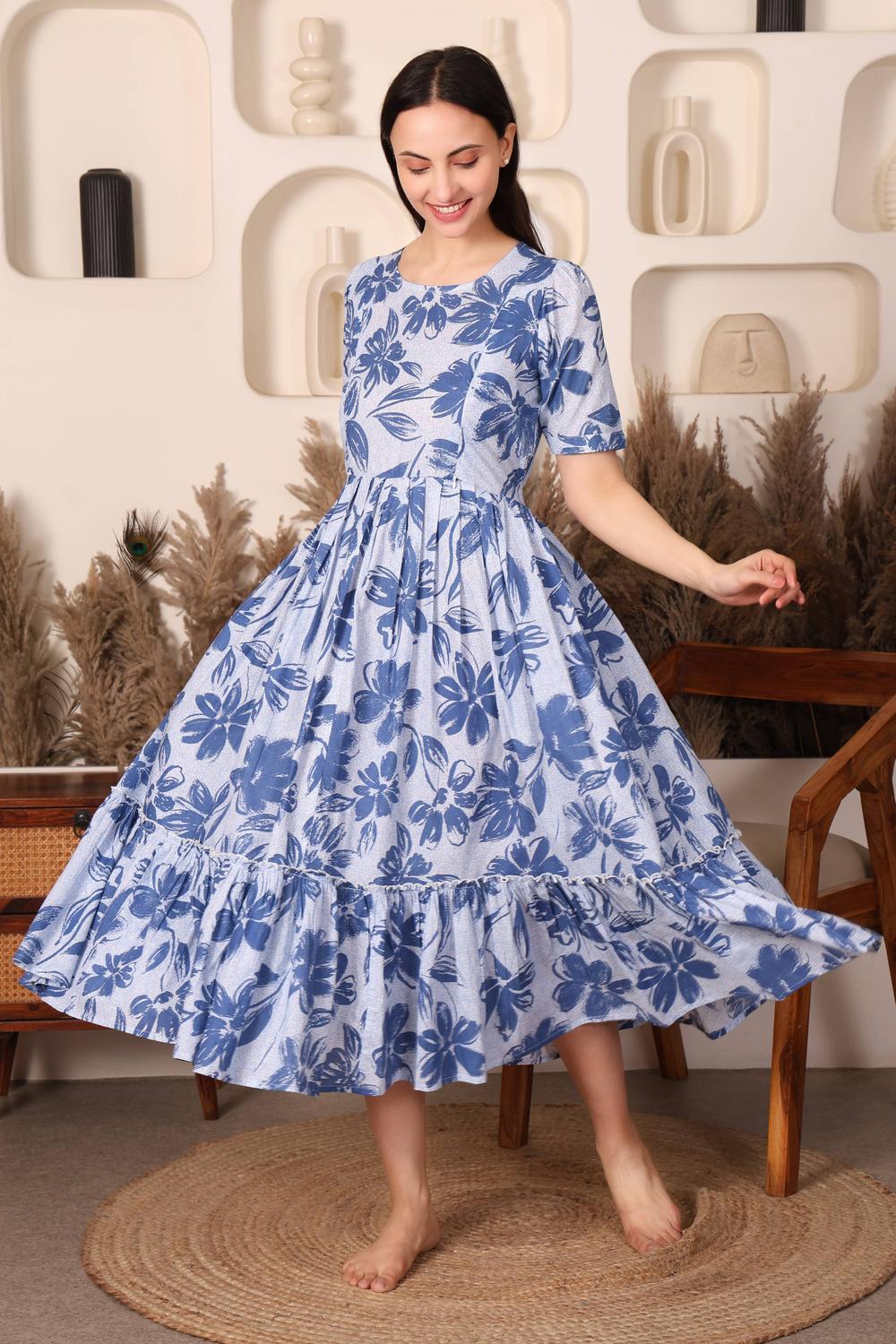 Easy Breezy Pure Cotton Maternity & Feeding Flare (Blue)