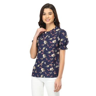 Printed Floral Rayon Ruffle Sleeve Summer Top. (Navy Blue)