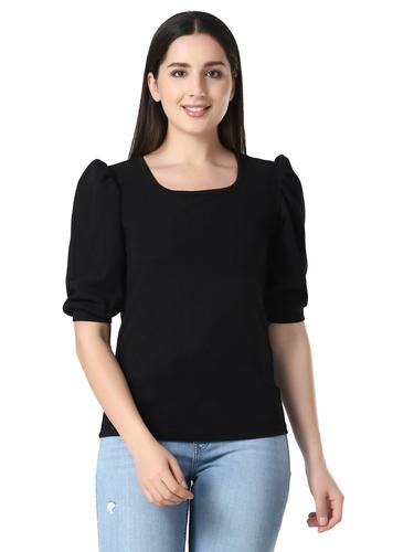 Round Neck Top With Cuffed Sleeves. (Black)