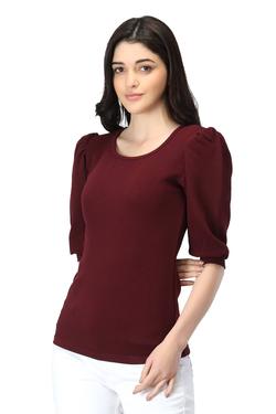 Round Neck Top With Cuffed Sleeves. (Wine)