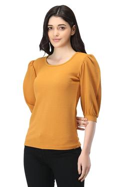 Round Neck Top With Cuffed Sleeves. (Mustard)