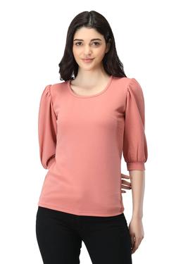 Round Neck Top With Cuffed Sleeves. (Pink)