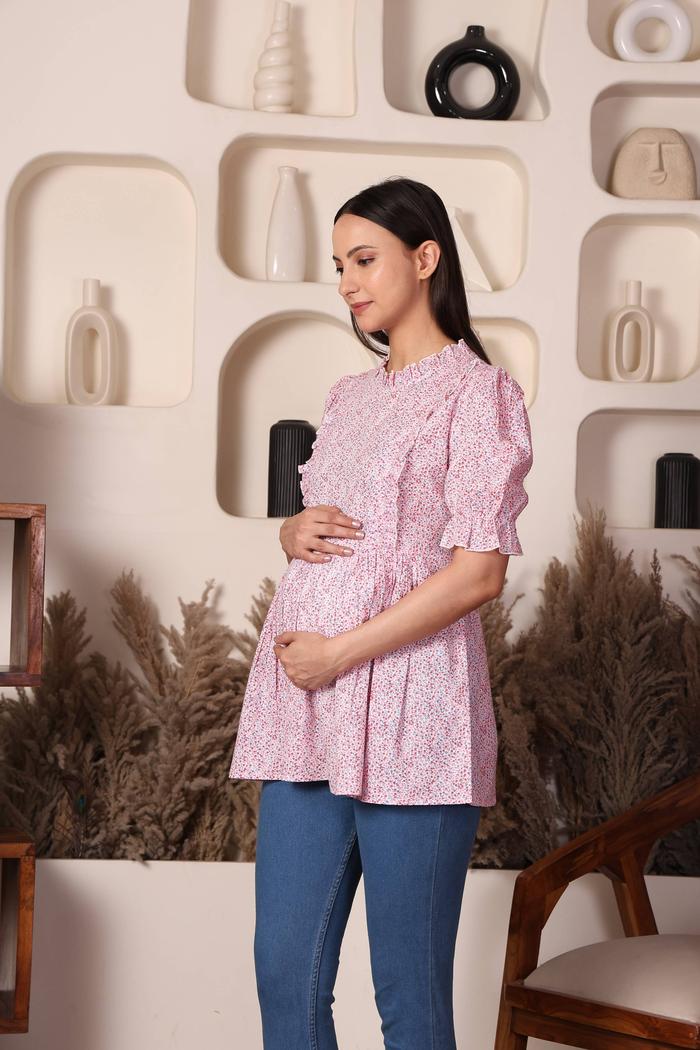Bloom & Breathe Floral Cotton Maternity Peplum Top. (Rose)