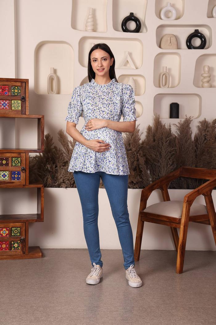 Bloom & Breathe Floral Cotton Maternity Peplum Top. (Blue)