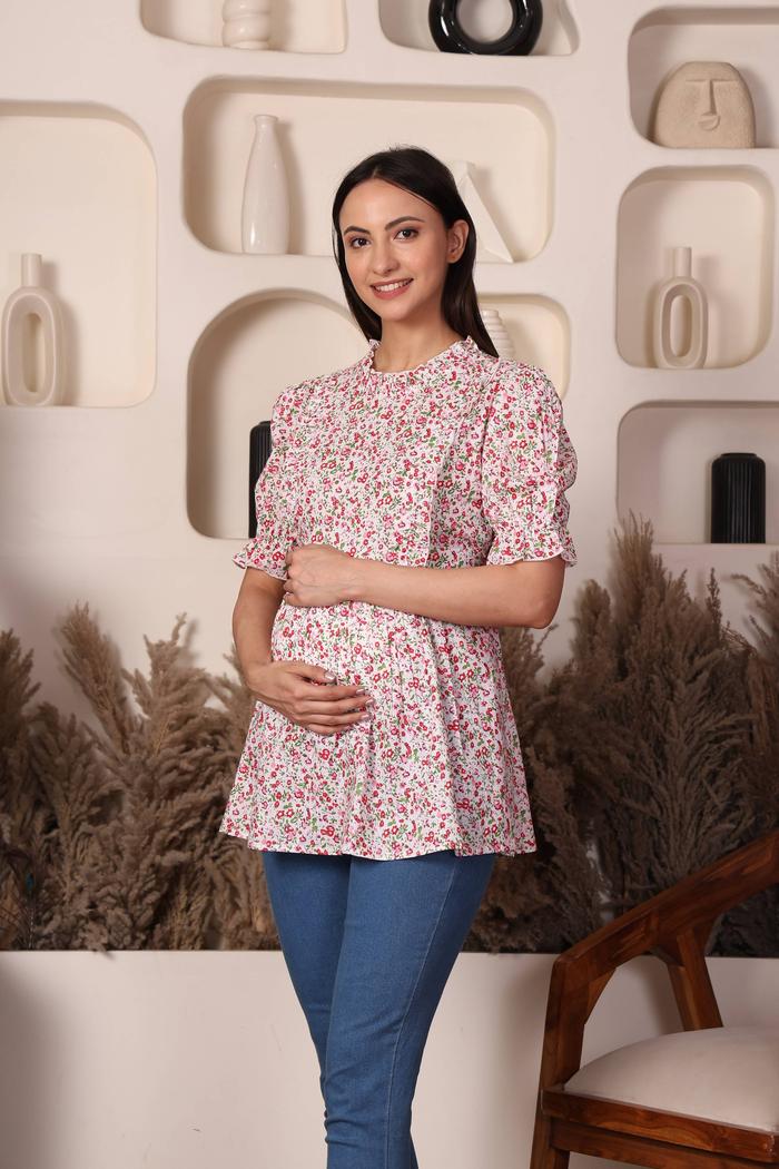 Bloom & Breathe Floral Cotton Maternity Peplum Top. (Pink)