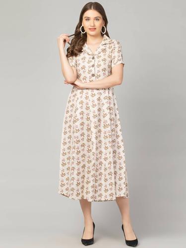 Floral Cotton Notch Collared Dress. (Brown)
