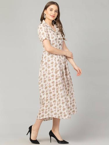 Floral Cotton Notch Collared Dress. (Brown)