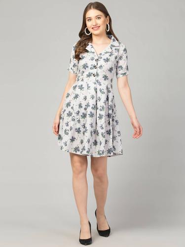 Floral Cotton Notch Collared Short Dress. (Grey)