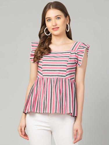 Striped Cotton Cap Sleeve Peplum Top. (Pink)