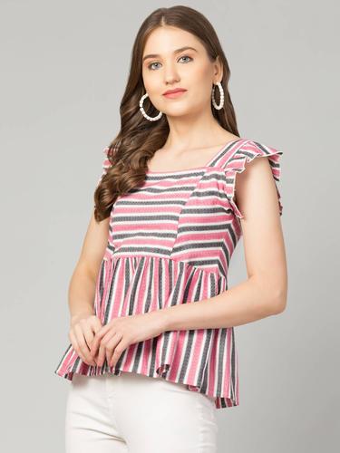 Striped Cotton Cap Sleeve Peplum Top. (Pink)