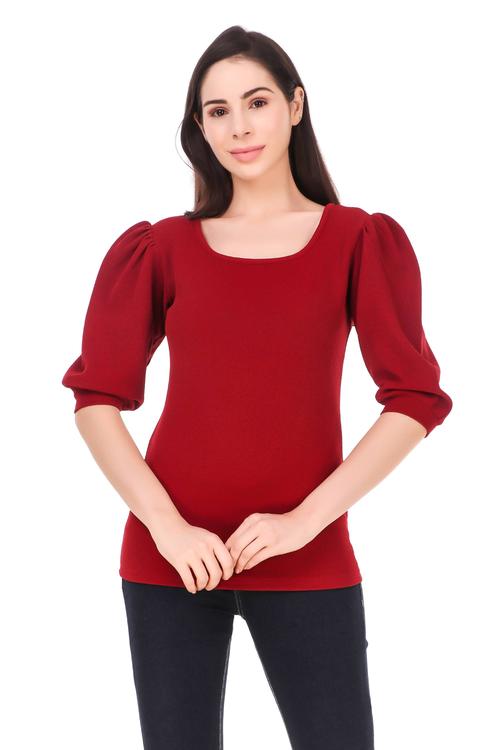 Round Neck Top With Cuffed Sleeves. (Maroon)