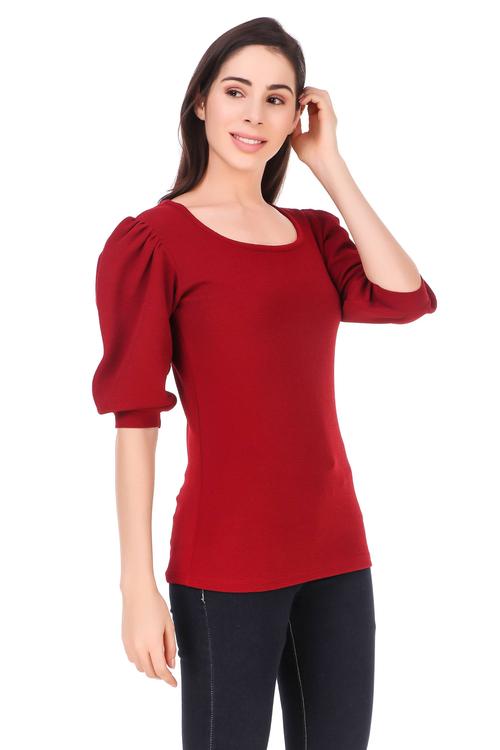 Round Neck Top With Cuffed Sleeves. (Maroon)