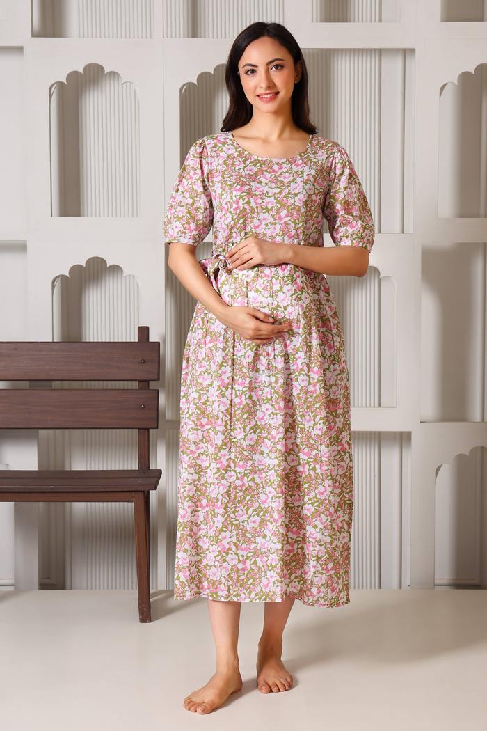 Meadow Bloom Maternity Feeding Dress. (Green)