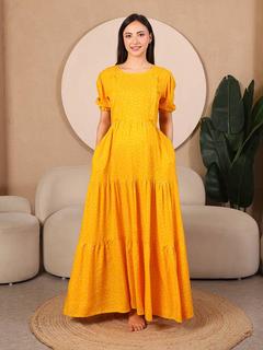 Pretty Polkas Tiered Maternity & Nursing Maxi Dress. (Mustard)