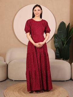 Pretty Polkas Tiered Maternity & Nursing Maxi Dress. (Wine)