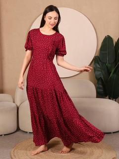 Pretty Polkas Tiered Maternity & Nursing Maxi Dress. (Wine)