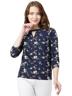 Rayon Floral Band Collar Top. (Navy Blue)